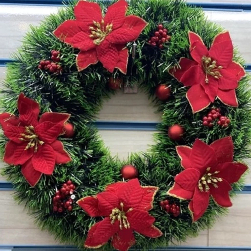 Guirlanda Natalina 38Cm De Natal Decorativa Para Porta Com Flores Vermelhas Douradas