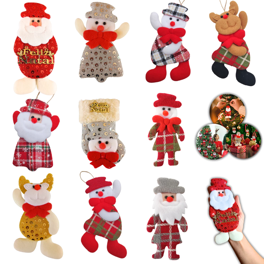 Kit 10 Pendentes Papai Noel Pelúcia Enfeite Arvore Natal