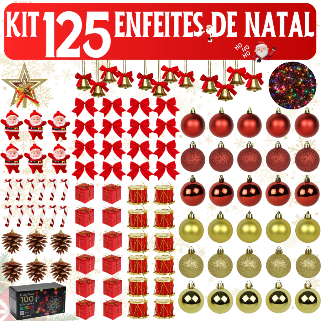 Kit 125 Enfeites Árvore De Natal Bolinhas Pendentes Pisca Pisca
