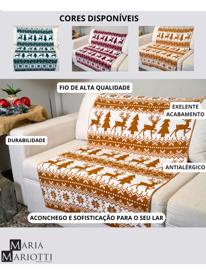 Manta Natalina Luxo Artesanal com Estampa Clássica de Rena